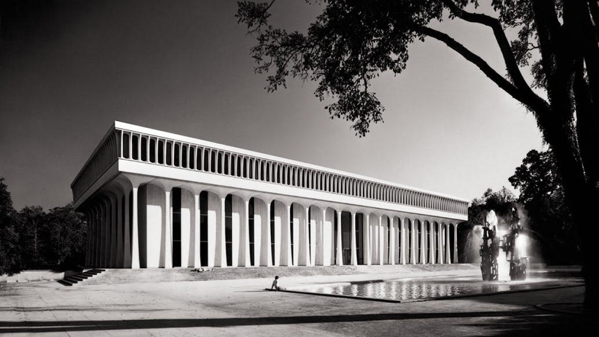Image credit: Minoru Yamasaki & Associates, Robertson Hall, School of Public and International Affairs, Princeton University, c. 1975. Photograph by Balthazar Korab © Estate of Balthazar Korab.